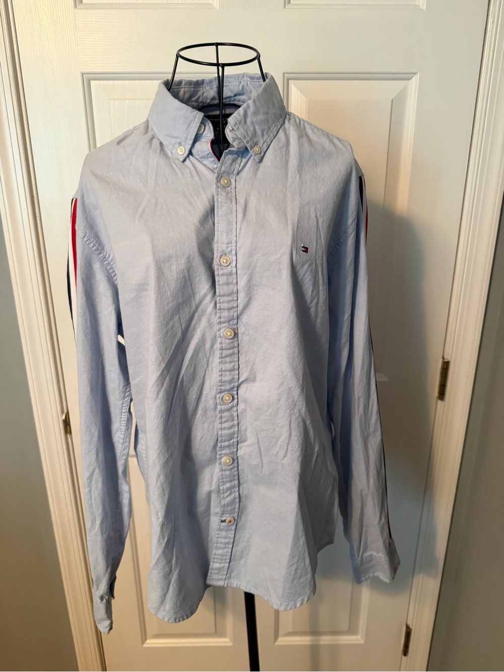Tommy Hilfiger Light Blue Button-Down Shirt with Red & Navy Sleeve Stripes